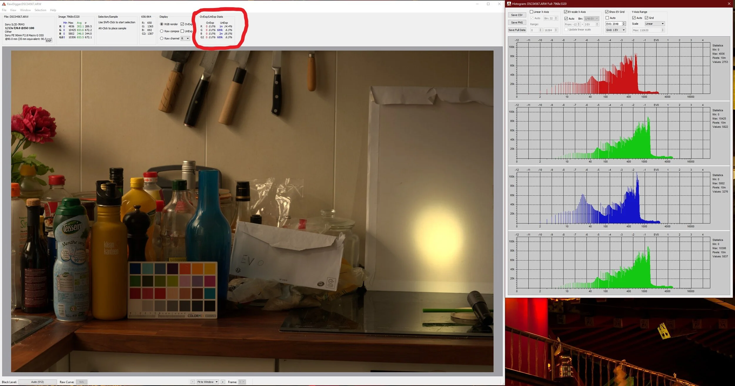 L’important est entouré en rouge  Pixels surexposés : 0%