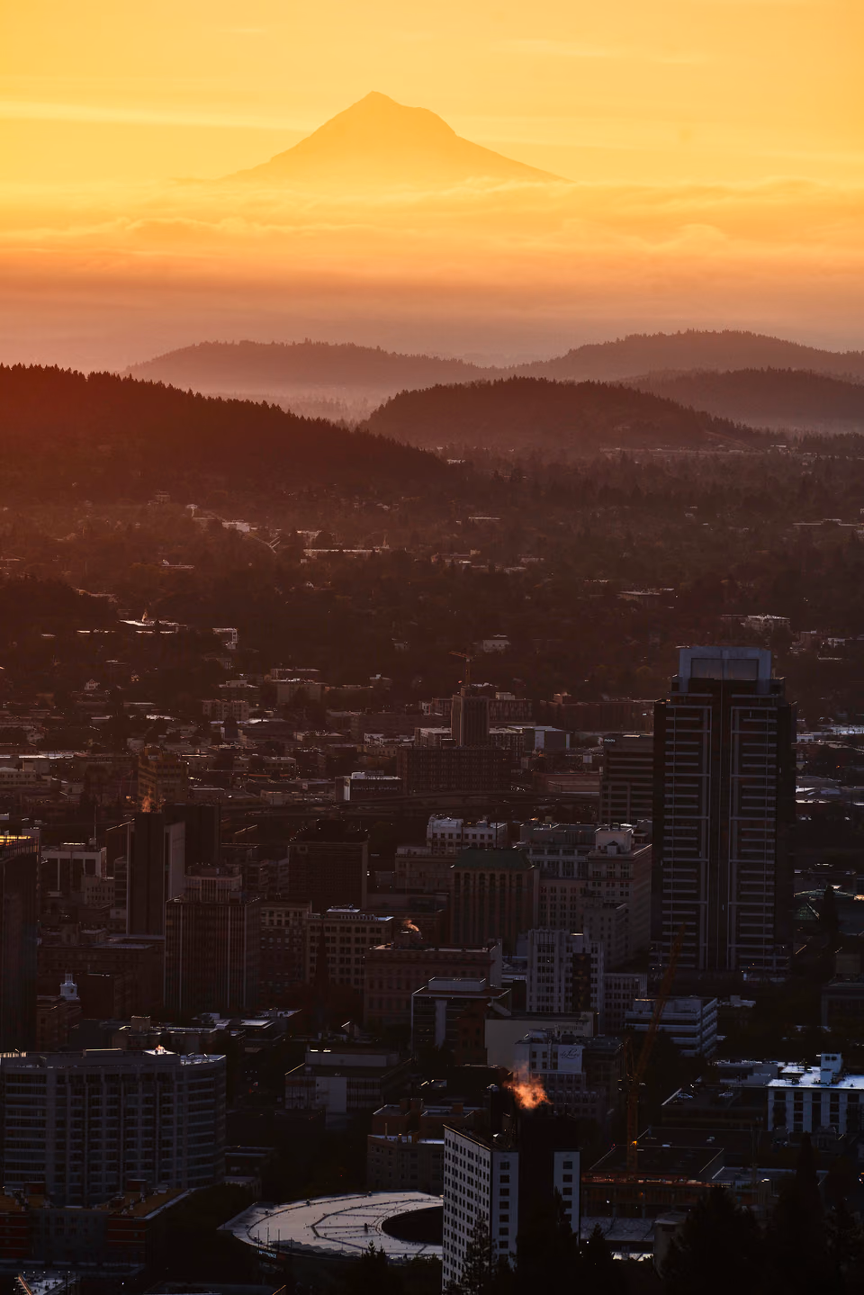 a city skyline with a mountain in the distance

