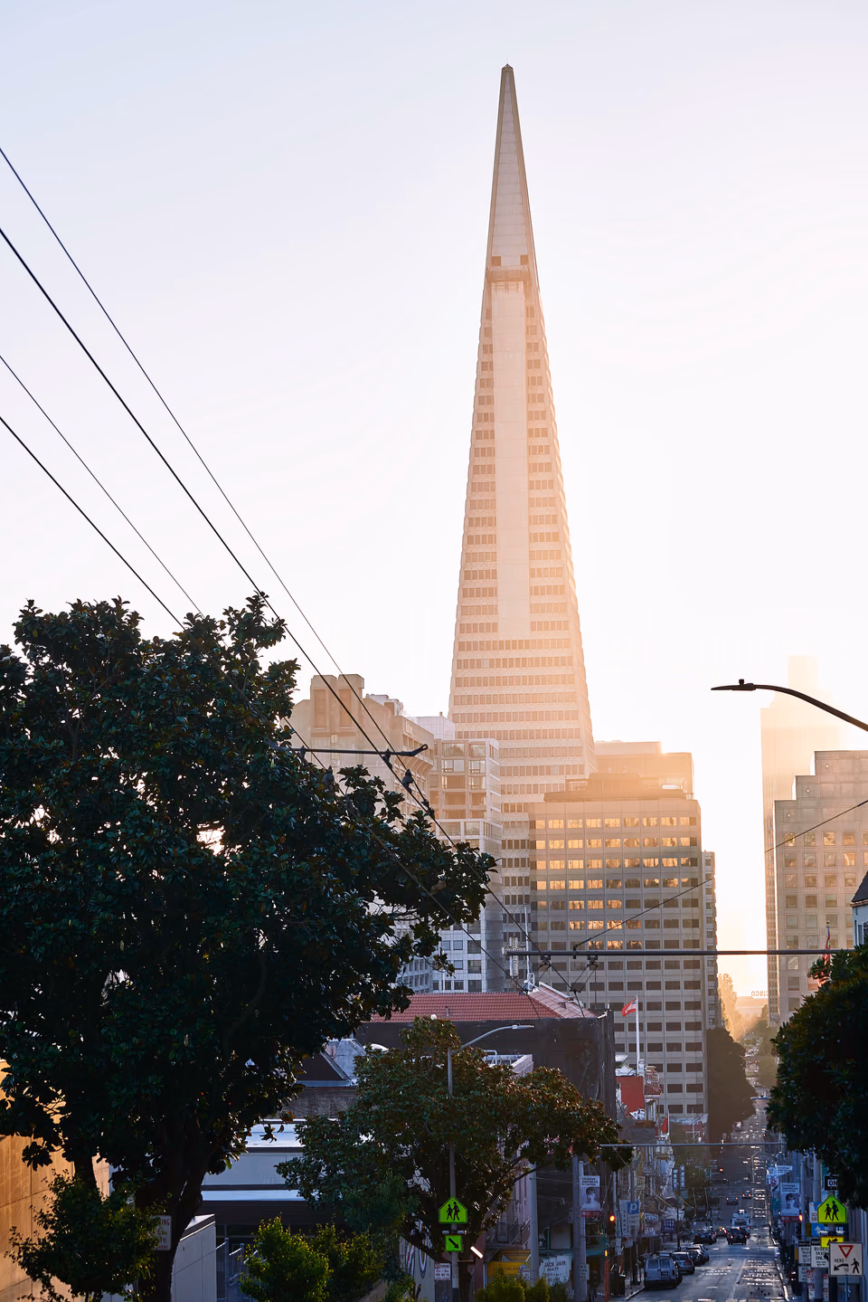 a city street with a tall building in the background
