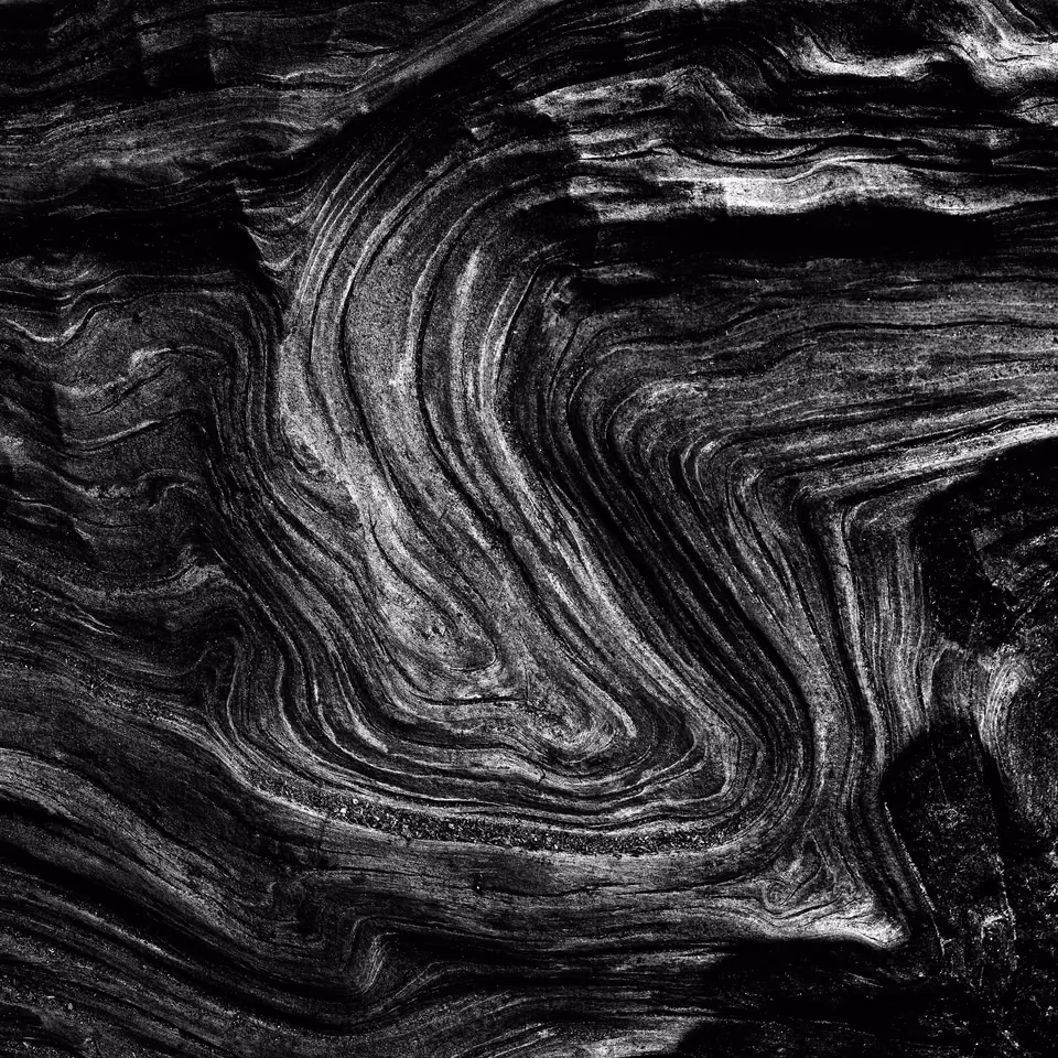 black and white photograph of a rock with swirls
