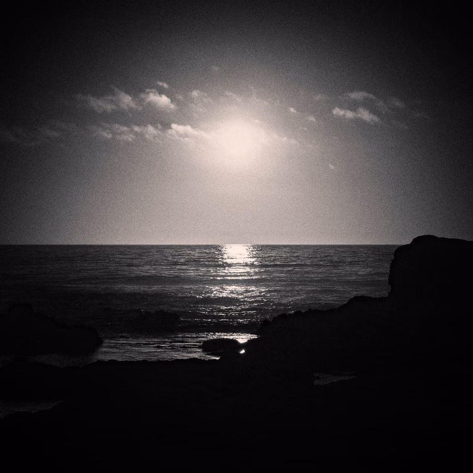 a black and white photo of the moon over the ocean

