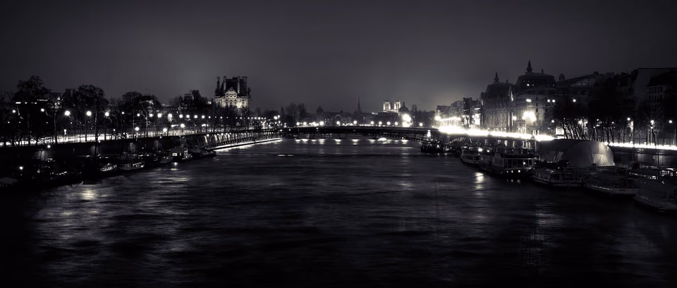 a black and white photo of a river at night
