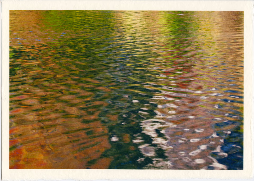 a painting of water with reflections of trees
