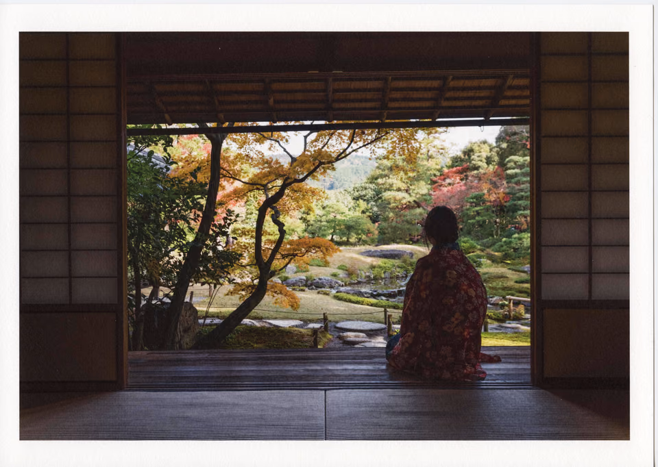 a woman in a kimono looking out of a window
