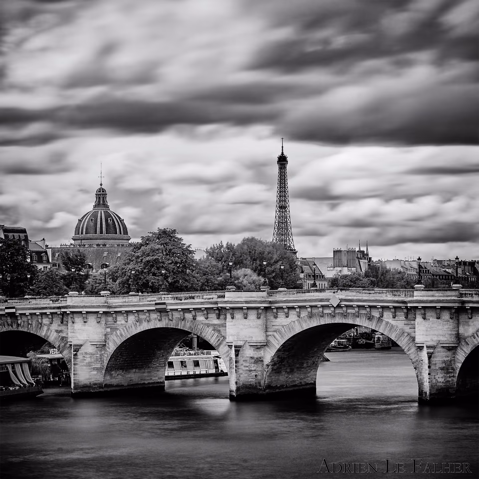 a black and white photo of the eiffel tower and the paris bridge
